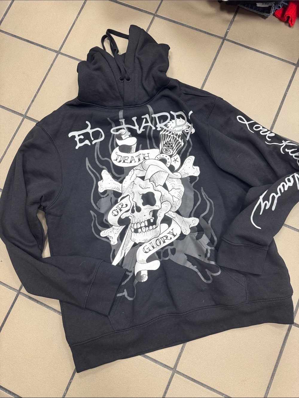 Ed Hardy Black hoodie Sweatshirt with White Skull Graphic